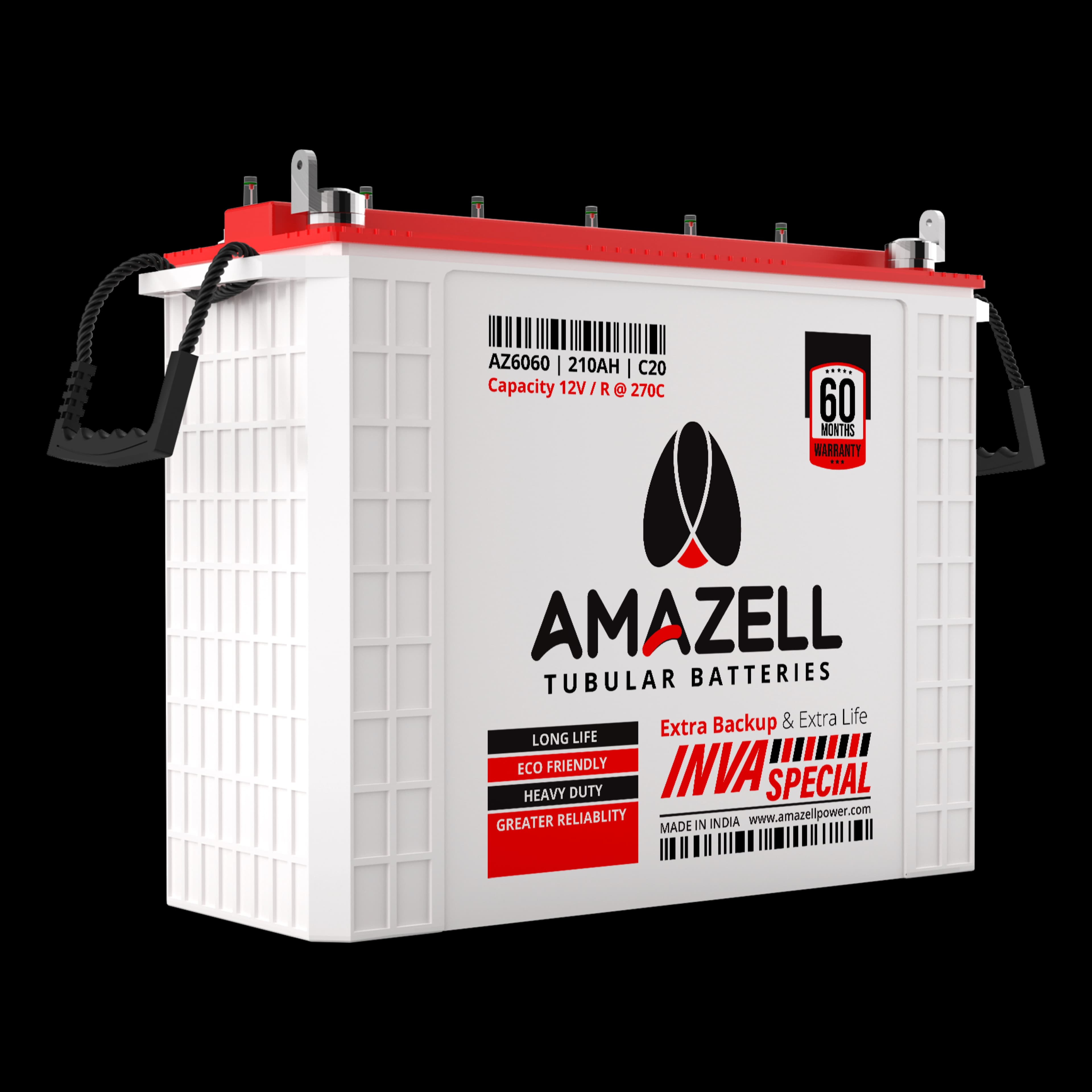 Isometric view of the red and white Amazell INVA SPECIAL battery series